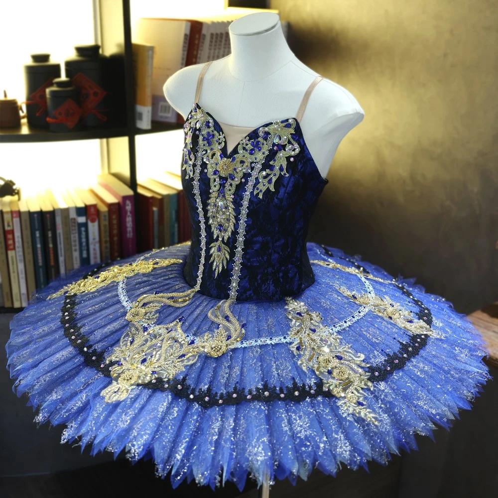 Tutu da piatto da balletto fatto a mano in pizzo oro blu reale