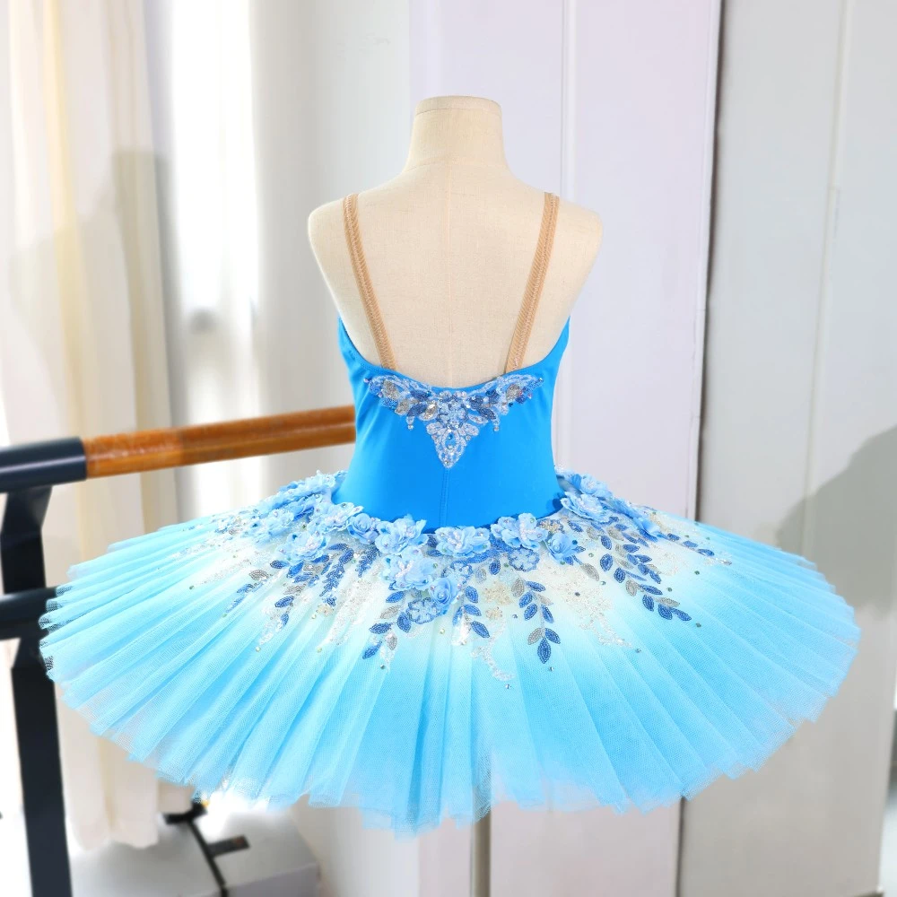 Abito tutu di balletto con paillettes floreali blu, costume da ballerina professionale