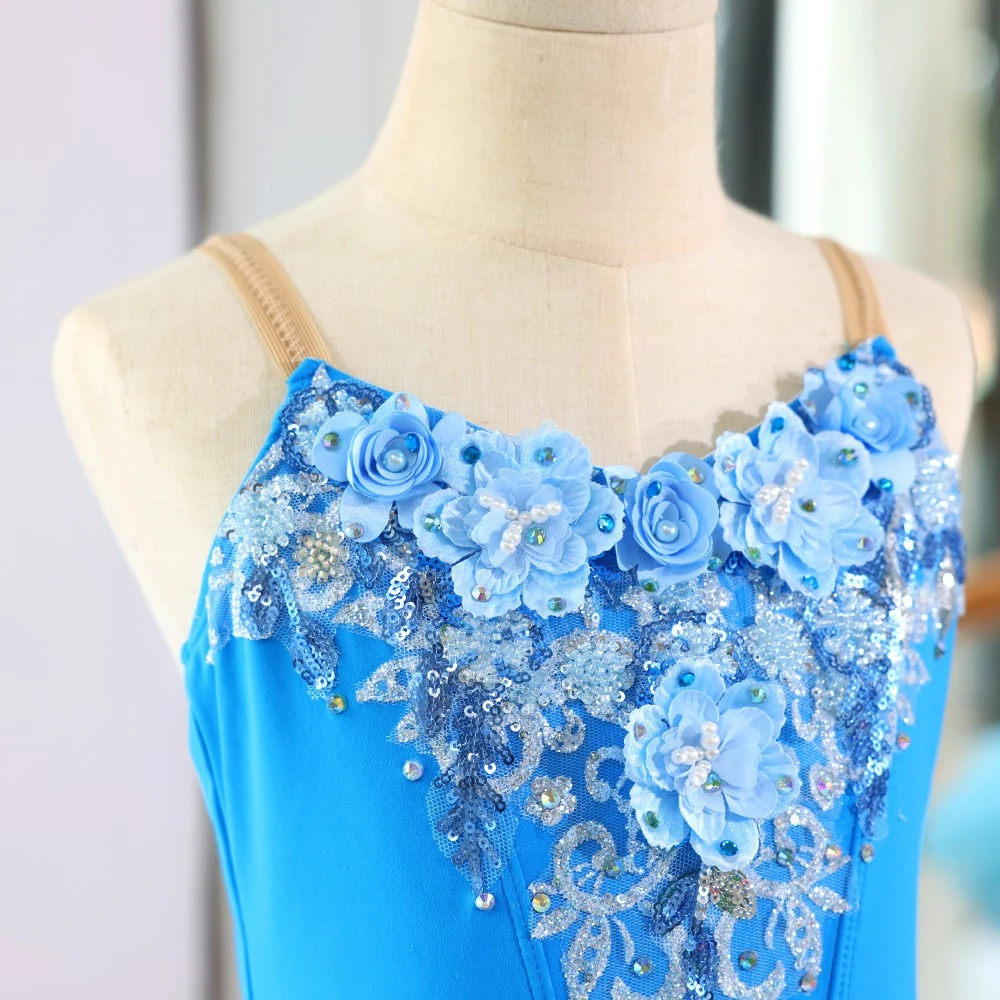 Abito tutu di balletto con paillettes floreali blu, costume da ballerina professionale