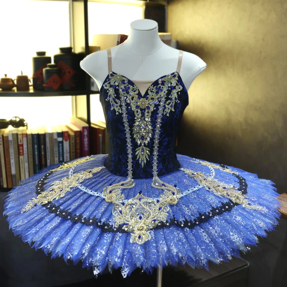 Tutu da piatto da balletto fatto a mano in pizzo oro blu reale