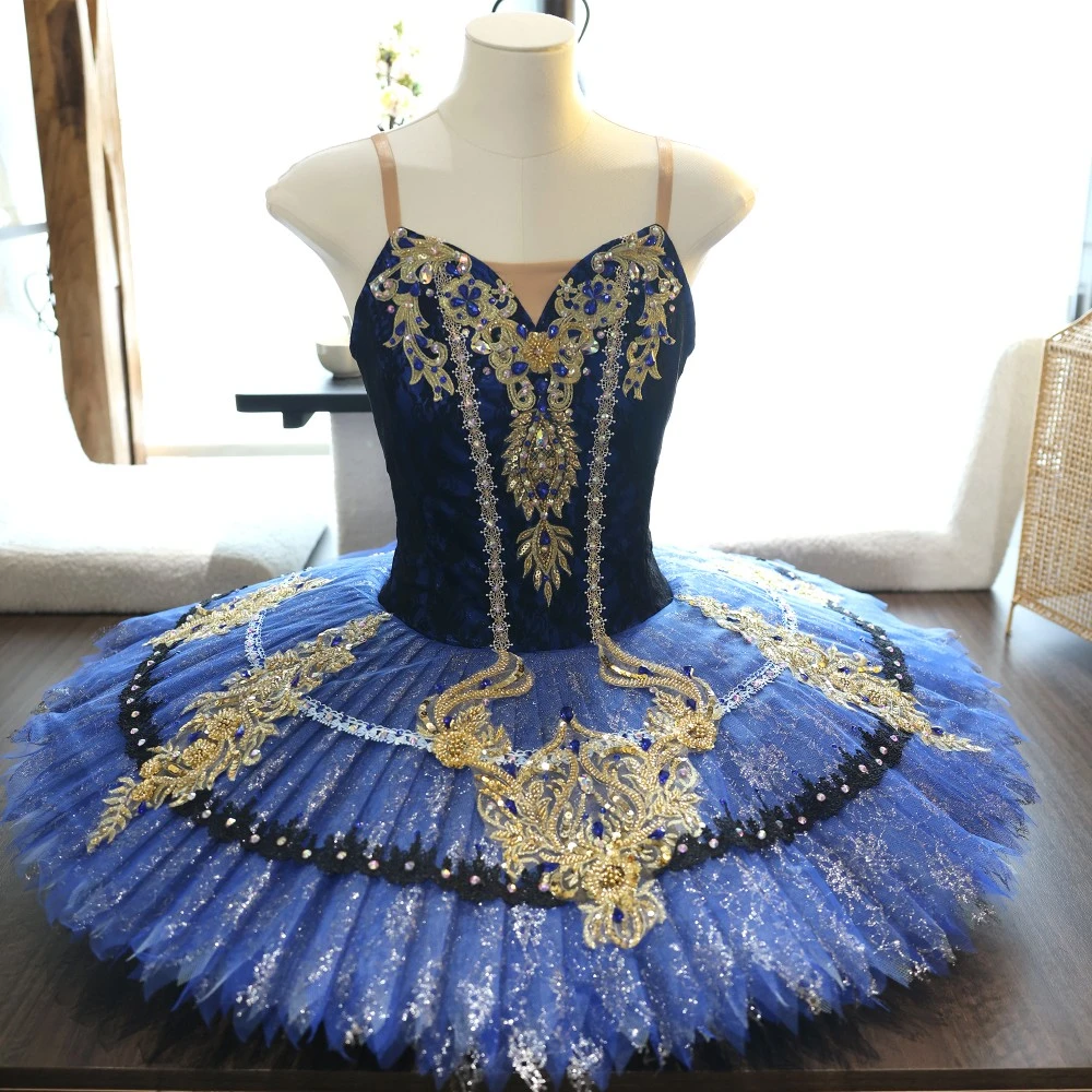 Tutu da piatto da balletto fatto a mano in pizzo oro blu reale