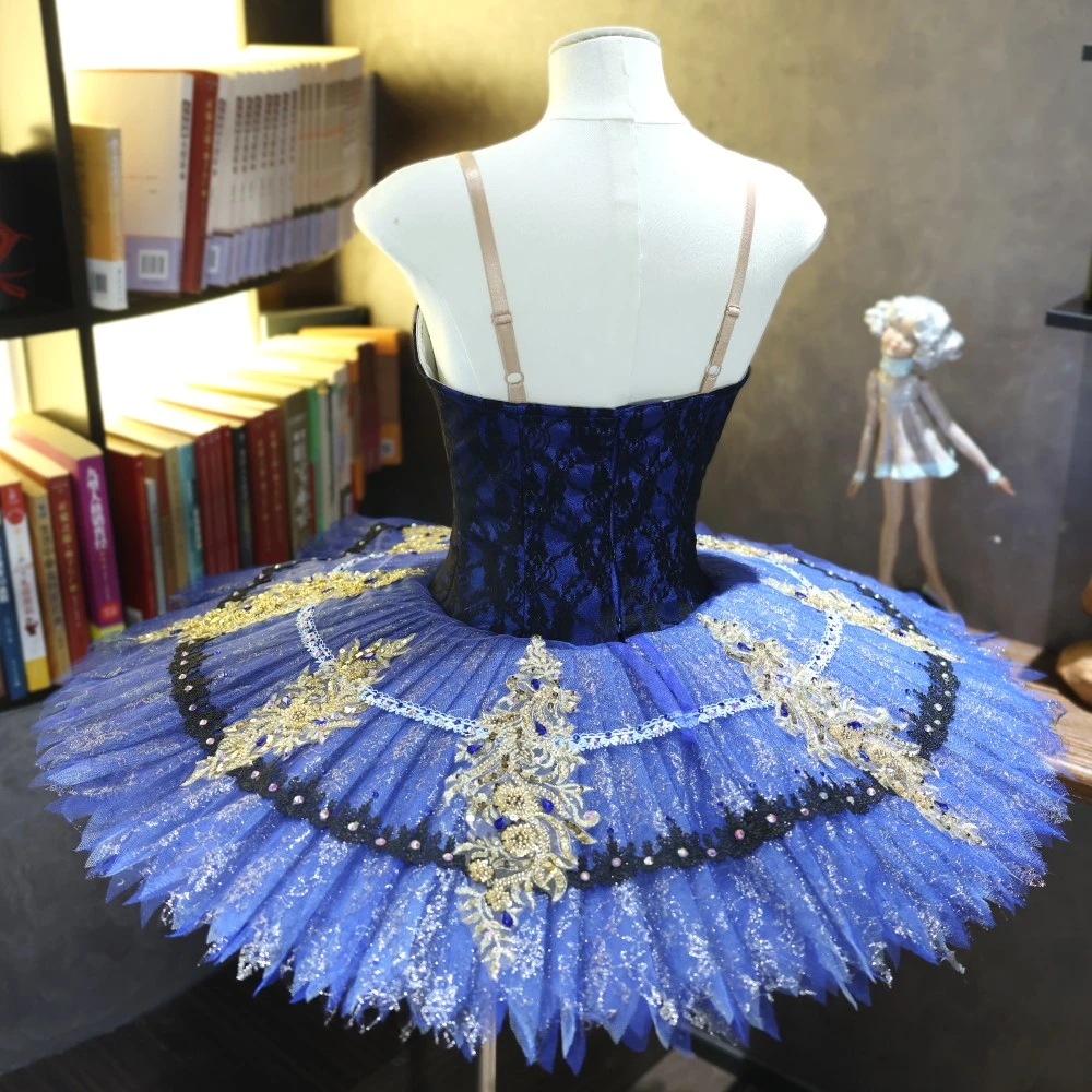 Tutu da piatto da balletto fatto a mano in pizzo oro blu reale
