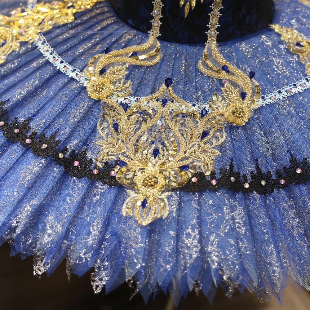 Tutu da piatto da balletto fatto a mano in pizzo oro blu reale