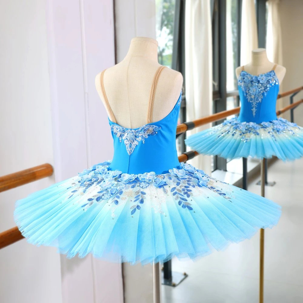 Abito tutu di balletto con paillettes floreali blu, costume da ballerina professionale