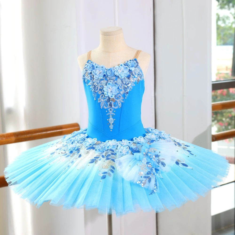 Abito tutu di balletto con paillettes floreali blu, costume da ballerina professionale