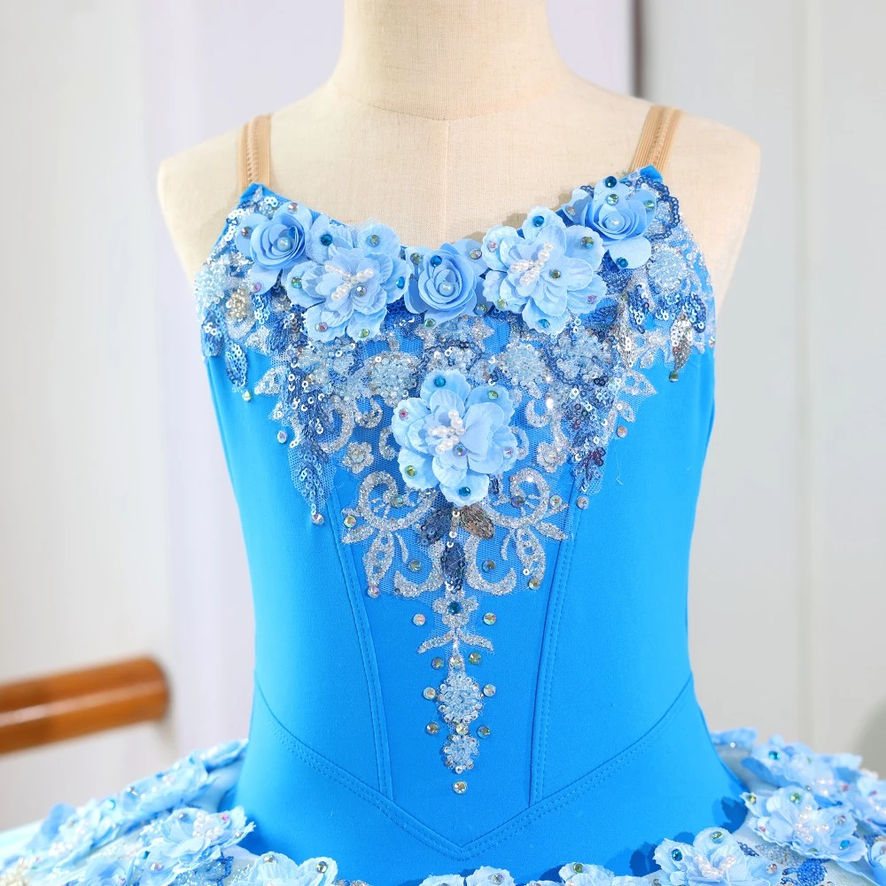 Abito tutu di balletto con paillettes floreali blu, costume da ballerina professionale
