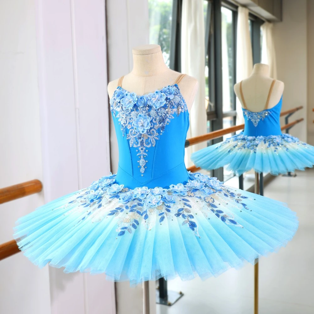 Abito tutu di balletto con paillettes floreali blu, costume da ballerina professionale
