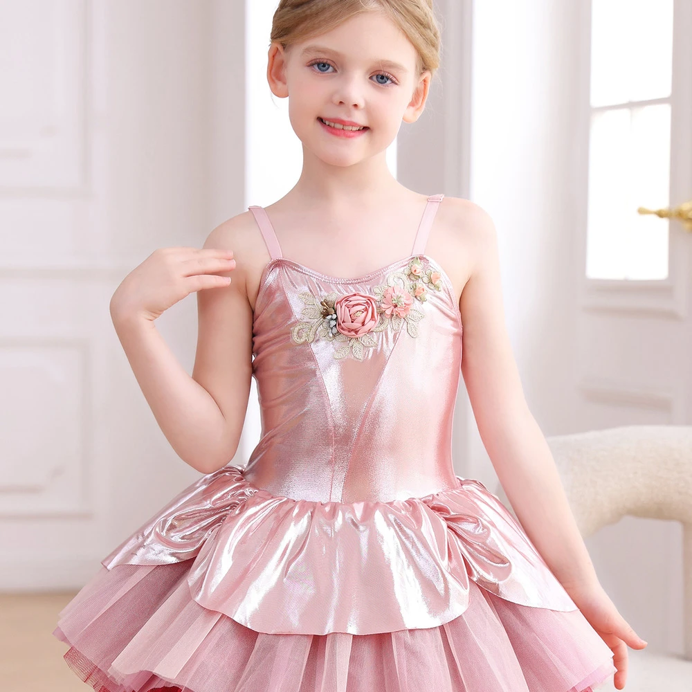Vestito tut&ugrave; da balletto per ragazze con motivo floreale rosa metallizzato, costume per spettacoli t