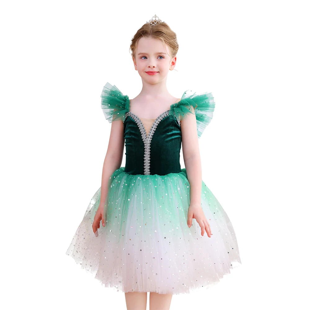 Costume da balletto per ragazze in velluto rosso brillante con ombre scintillanti, costume da spetta