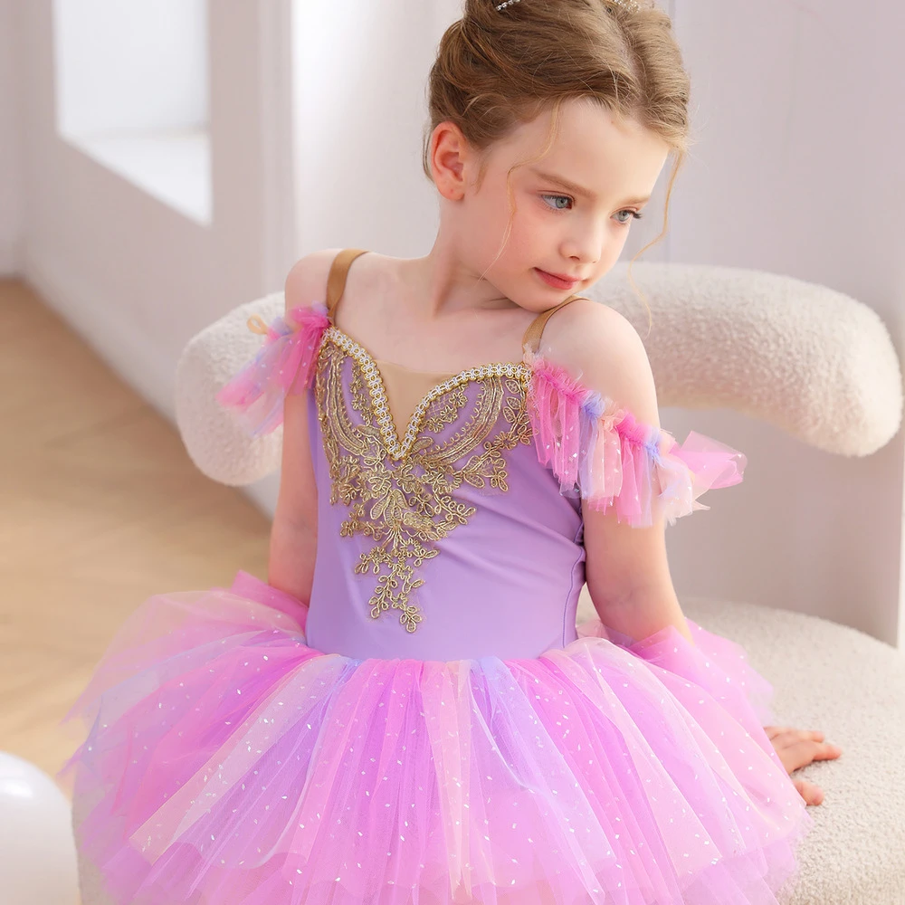 Vestito tut&ugrave; da principessa per body da danza classica in pizzo rosa per ragazze-ALP023