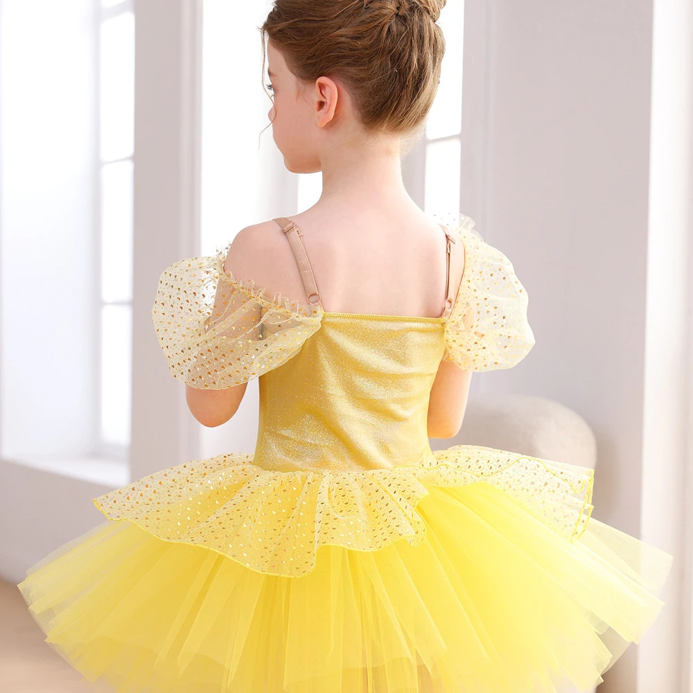 Vestito tut&ugrave; da balletto per ragazze con paillettes dorate e spalle scoperte Costume da principessa