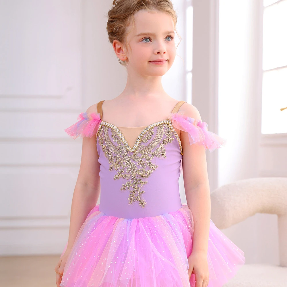 Vestito tut&ugrave; da principessa per body da danza classica in pizzo rosa per ragazze-ALP023