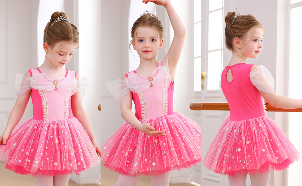 Vestito da tutu di balletto per ragazze con fiocco in paillettes con stella rosa caldo Costume da principessa per bambini-ALP077