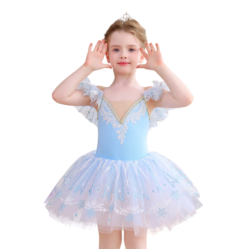 Abito tut&ugrave; da balletto in pizzo con fiocchi di neve per ragazze, costume da ballo con maniche a vola