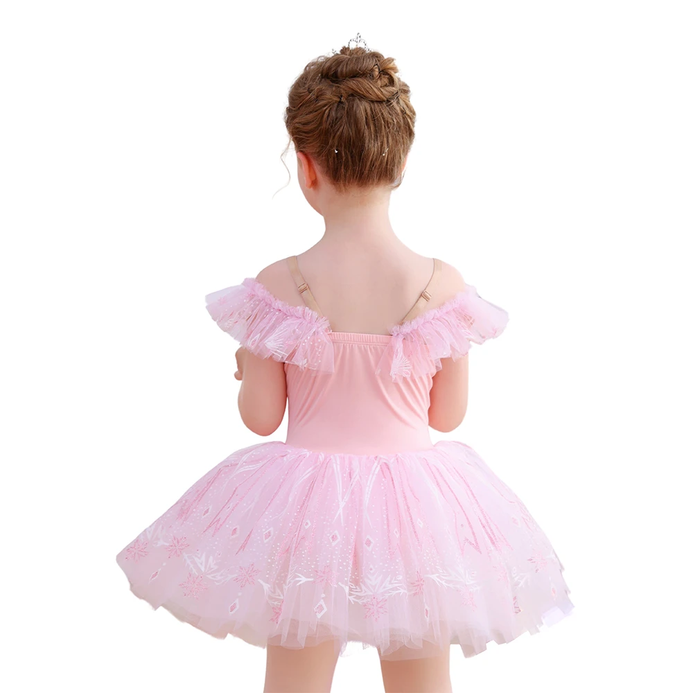 Abito tut&ugrave; da balletto in pizzo con fiocchi di neve per ragazze, costume da ballo con maniche a vola