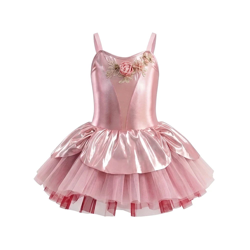 Vestito tut&ugrave; da balletto per ragazze con motivo floreale rosa metallizzato, costume per spettacoli t