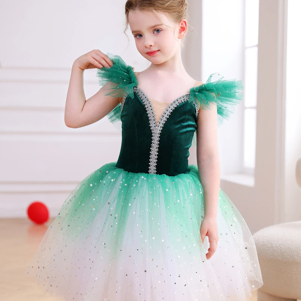 Costume da balletto per ragazze in velluto rosso brillante con ombre scintillanti, costume da spetta
