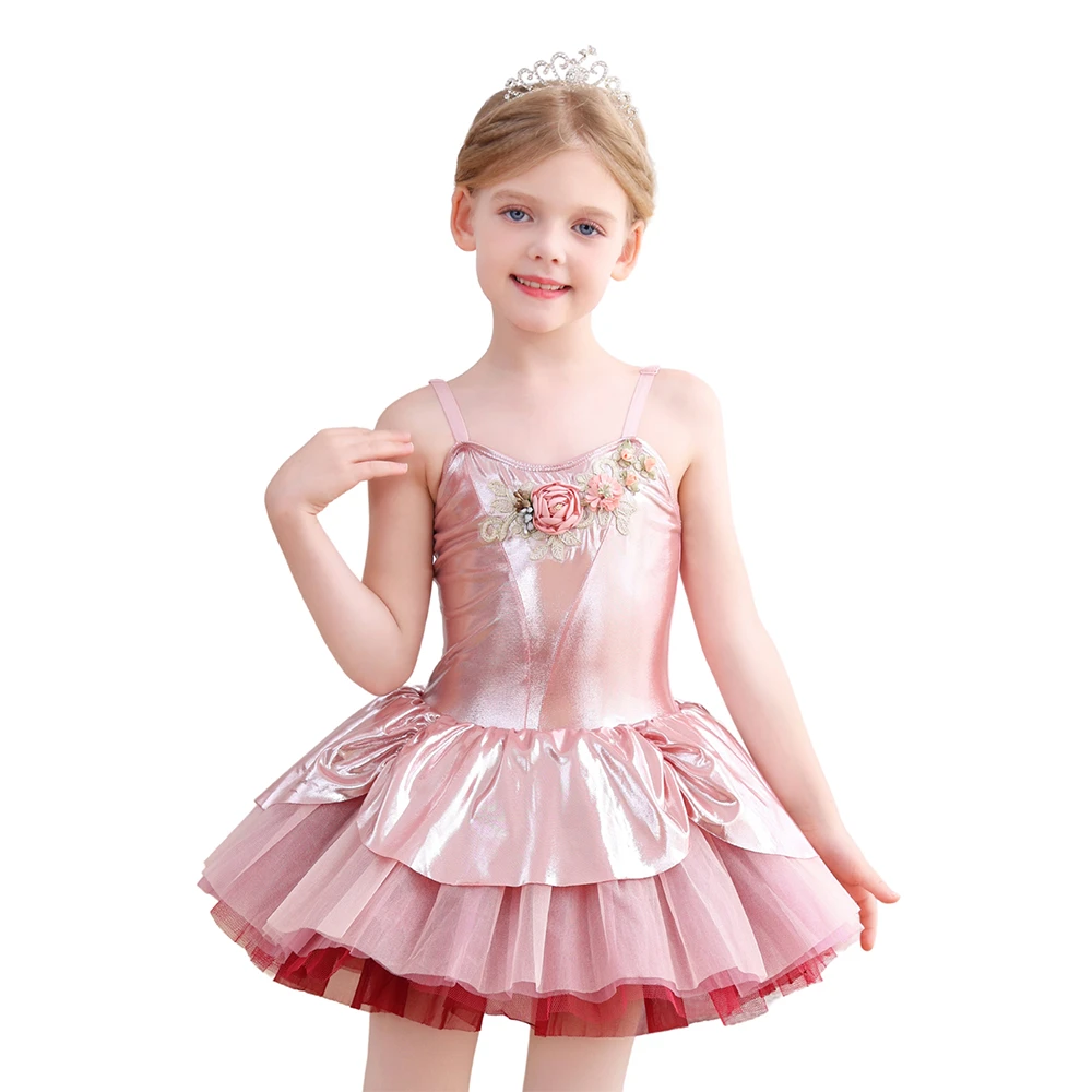 Vestito tut&ugrave; da balletto per ragazze con motivo floreale rosa metallizzato, costume per spettacoli t