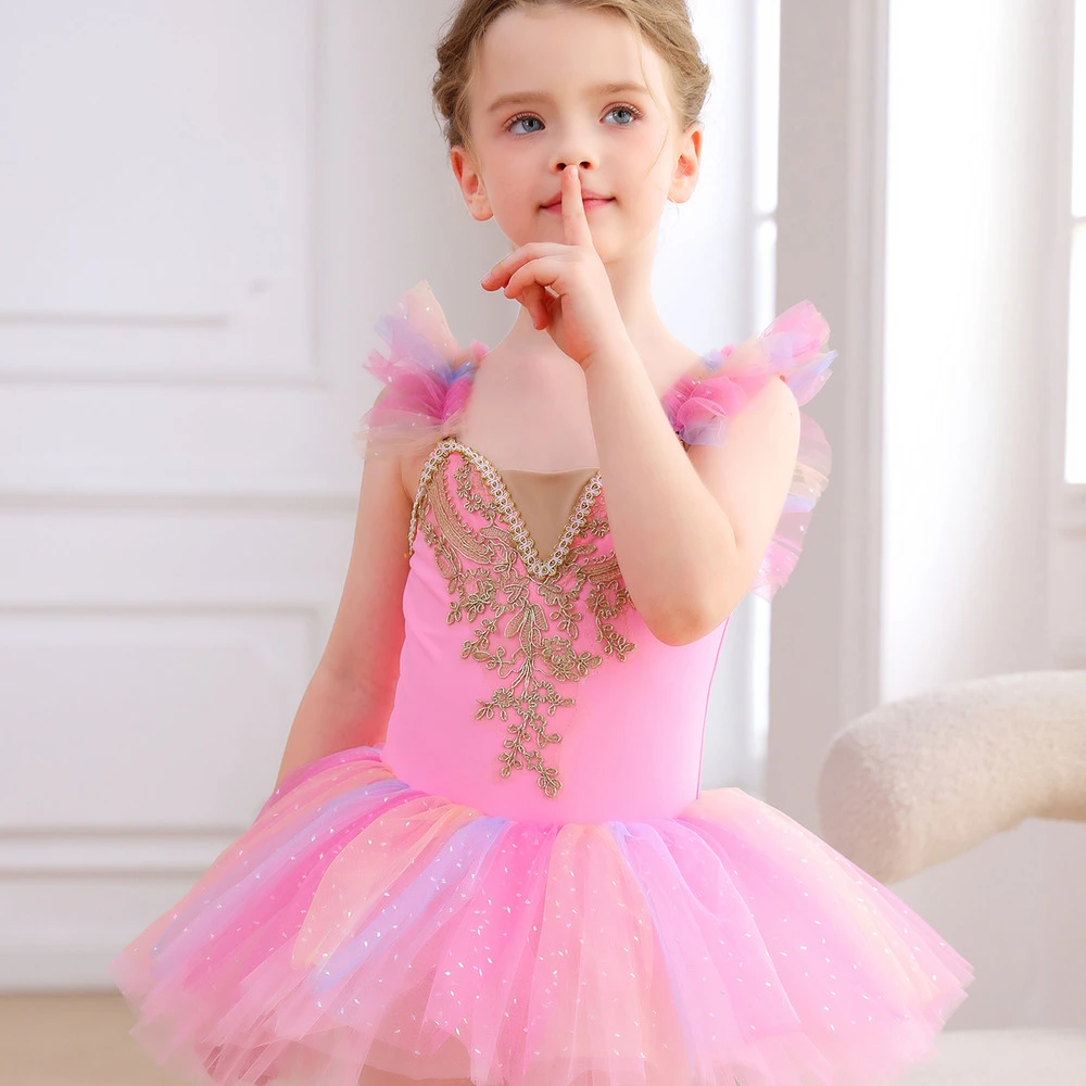 Vestito tut&ugrave; da principessa per body da danza classica in pizzo rosa per ragazze-ALP023
