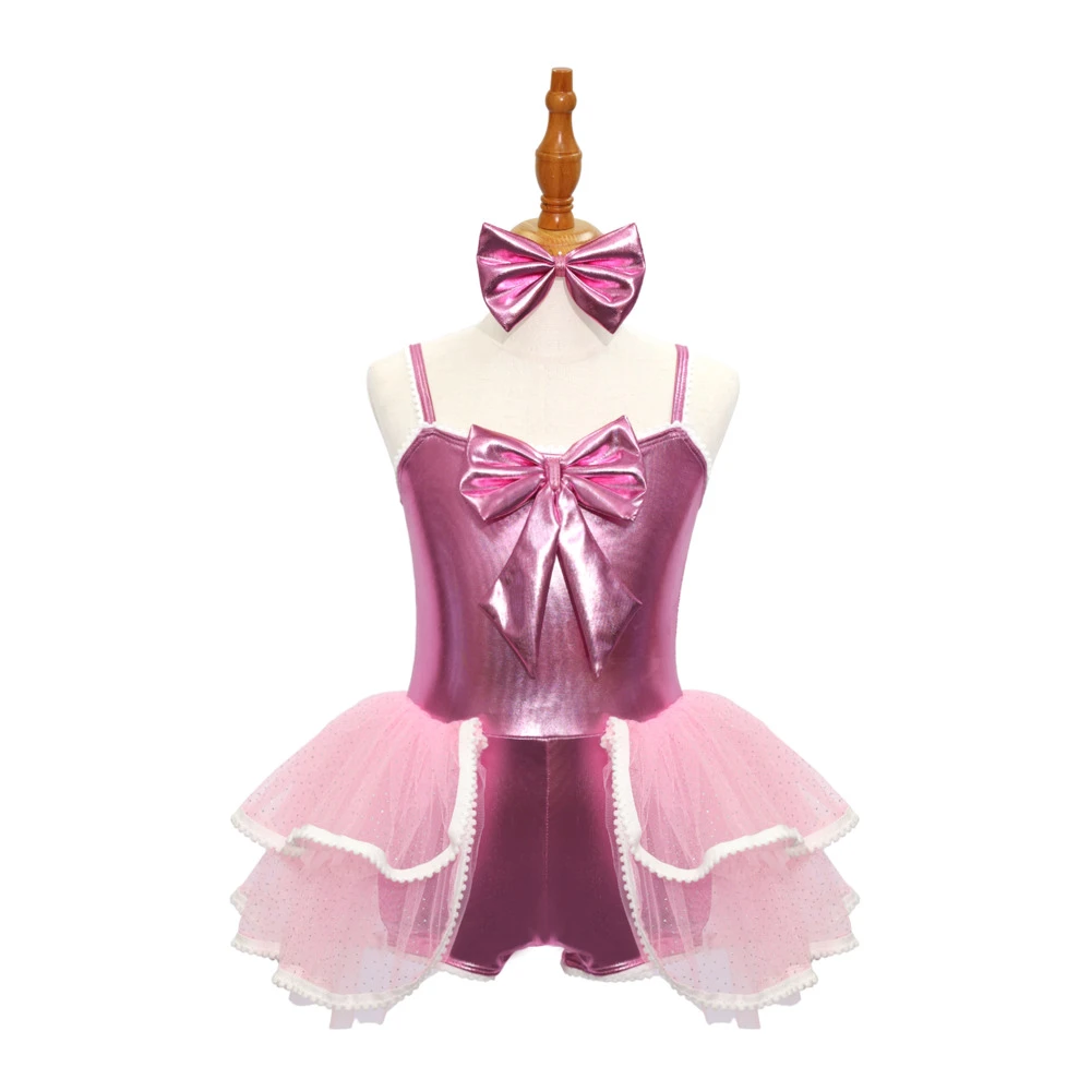 Body tut&ugrave; di danza jazz rosa con fiocco-JSP009