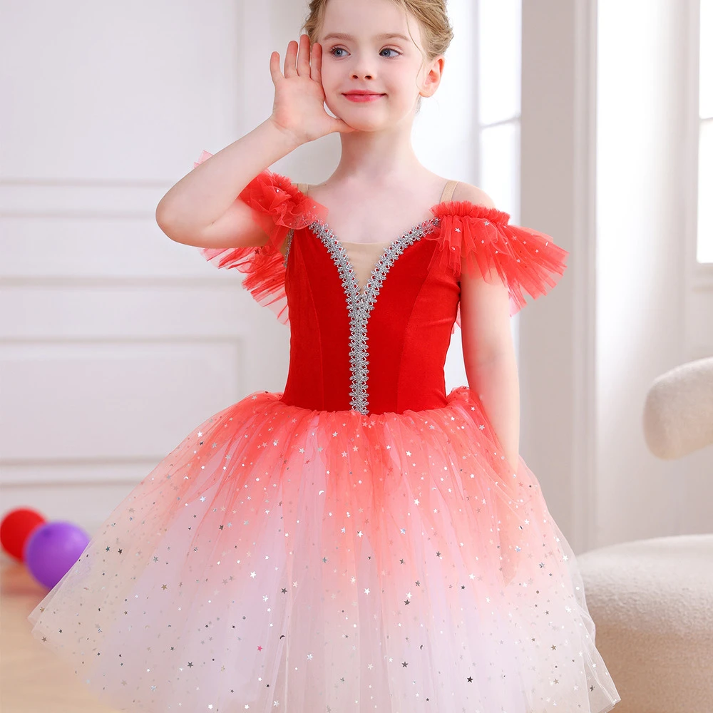 Costume da balletto per ragazze in velluto rosso brillante con ombre scintillanti, costume da spetta