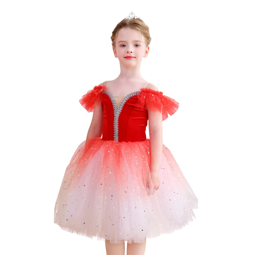 Costume da balletto per ragazze in velluto rosso brillante con ombre scintillanti, costume da spetta