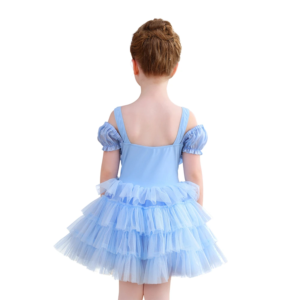 Costume da principessa per ragazze con fiocco in paillettes azzurro con spalle scoperte e tut&ugrave; di ba