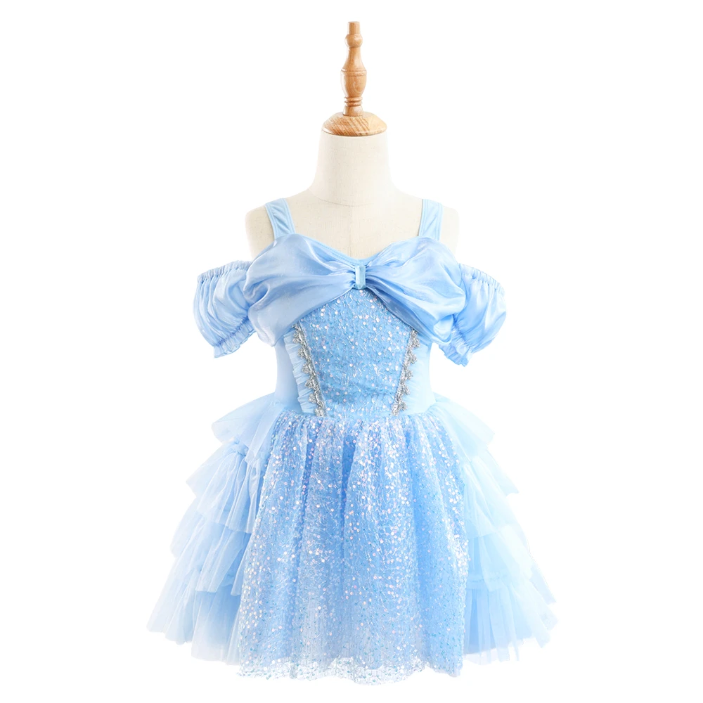 Costume da principessa per ragazze con fiocco in paillettes azzurro con spalle scoperte e tut&ugrave; di ba