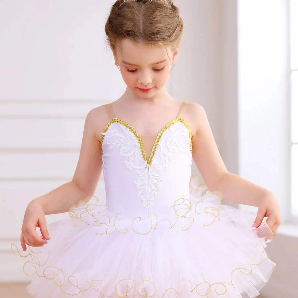 Costume da tut&ugrave; per balletto per ragazze in pizzo dorato per bambini Costume per spettacoli teatrali