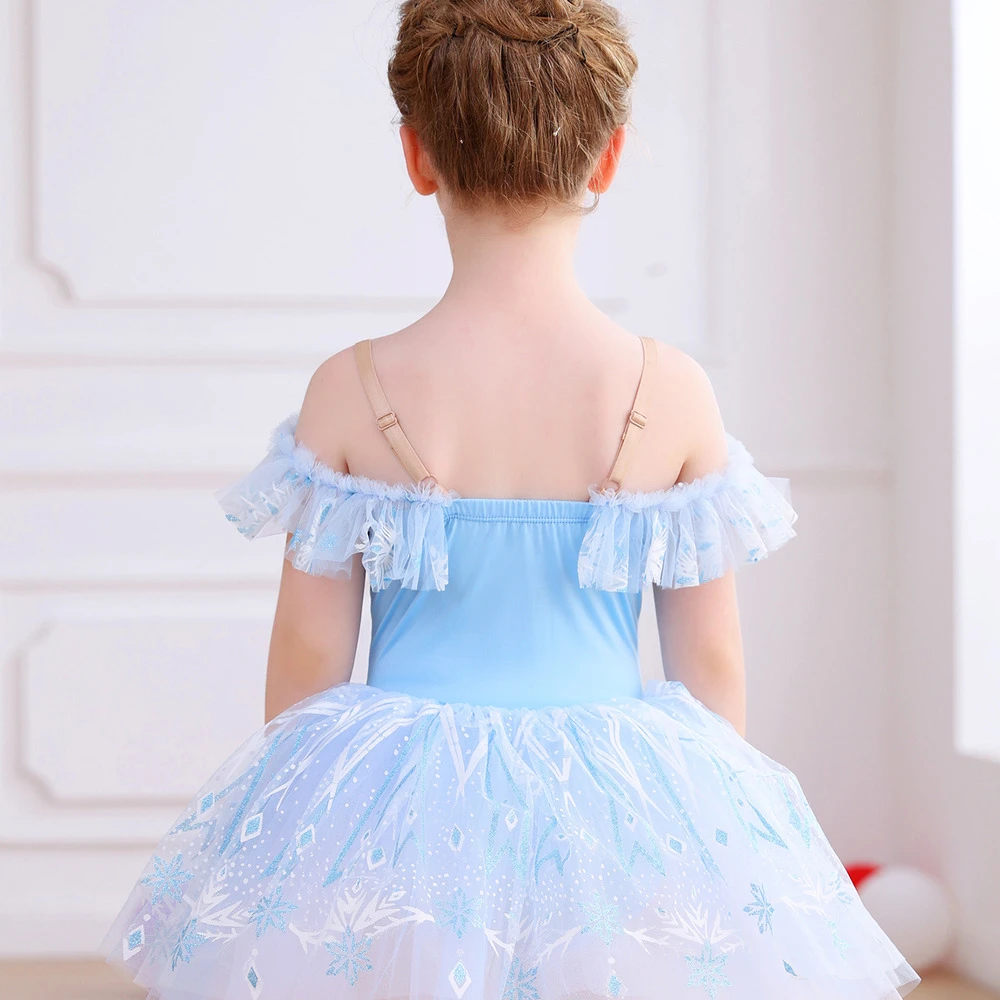 Abito tut&ugrave; da balletto in pizzo con fiocchi di neve per ragazze, costume da ballo con maniche a vola