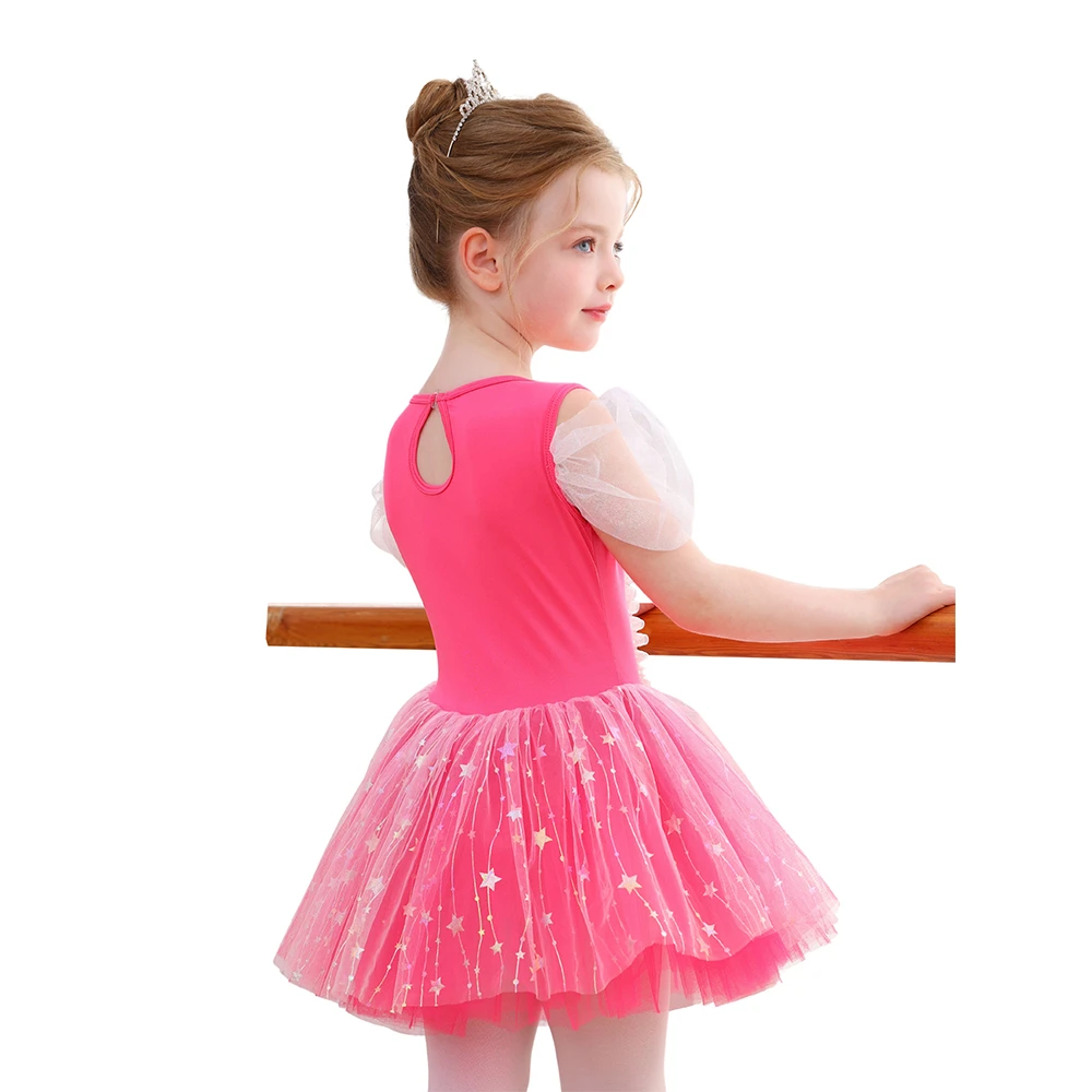 Vestito da tutu di balletto per ragazze con fiocco in paillettes con stella rosa caldo Costume da pr
