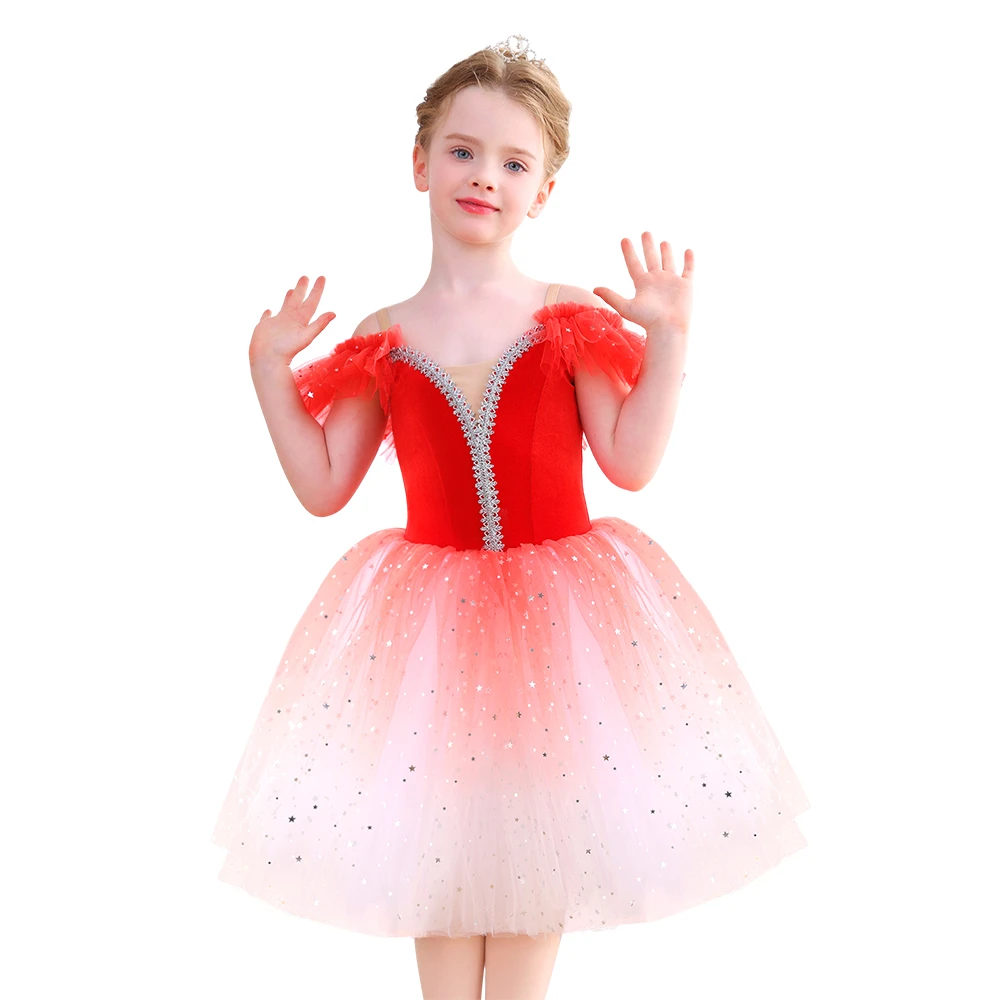Costume da balletto per ragazze in velluto rosso brillante con ombre scintillanti, costume da spetta