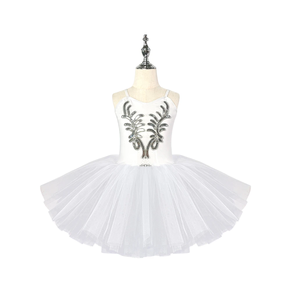 Abito tut&ugrave; da balletto per ragazze cigno bianco, body senza maniche con ricamo di paillettes argento
