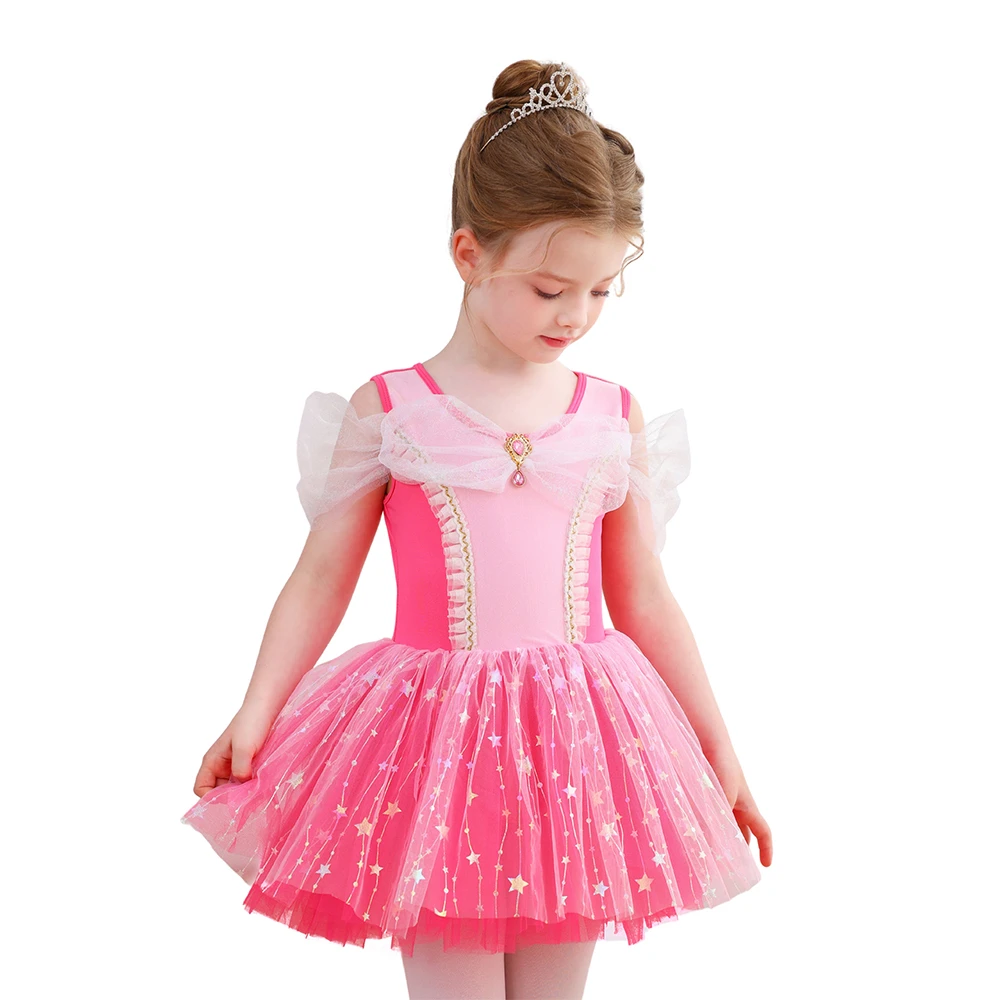Vestito da tutu di balletto per ragazze con fiocco in paillettes con stella rosa caldo Costume da pr