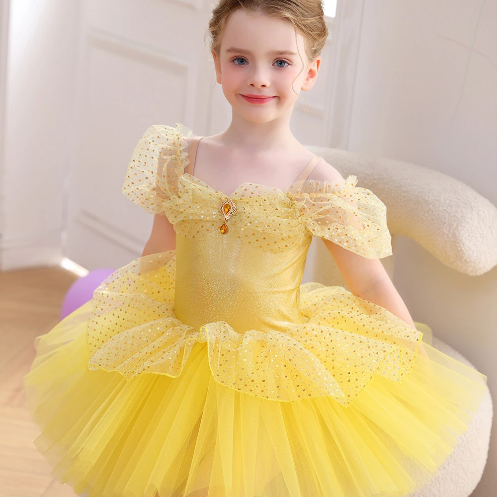 Vestito tut&ugrave; da balletto per ragazze con paillettes dorate e spalle scoperte Costume da principessa