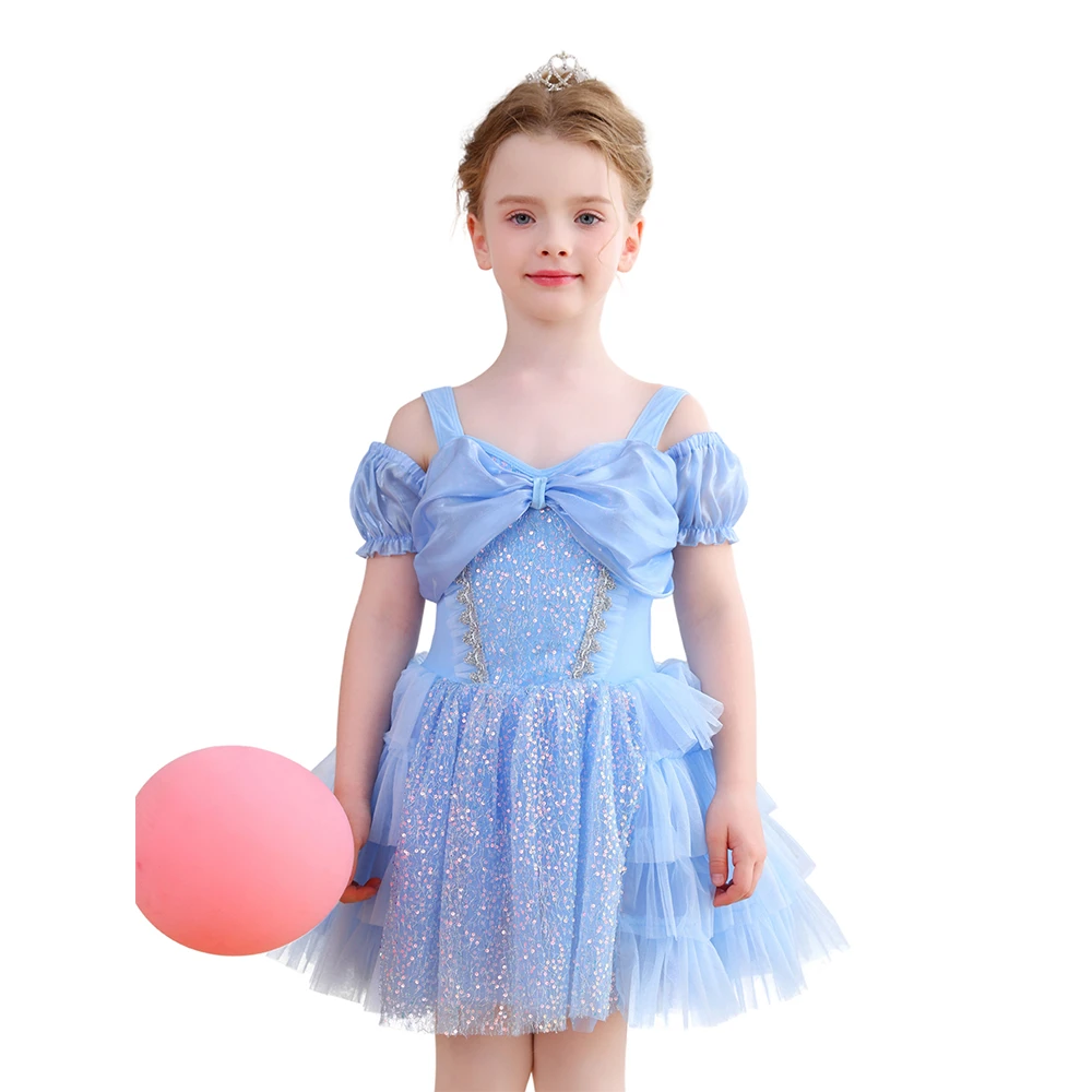Costume da principessa per ragazze con fiocco in paillettes azzurro con spalle scoperte e tut&ugrave; di ba