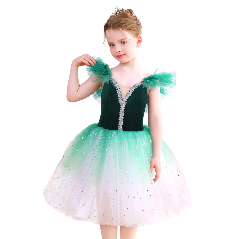 Costume da balletto per ragazze in velluto rosso brillante con ombre scintillanti, costume da spetta