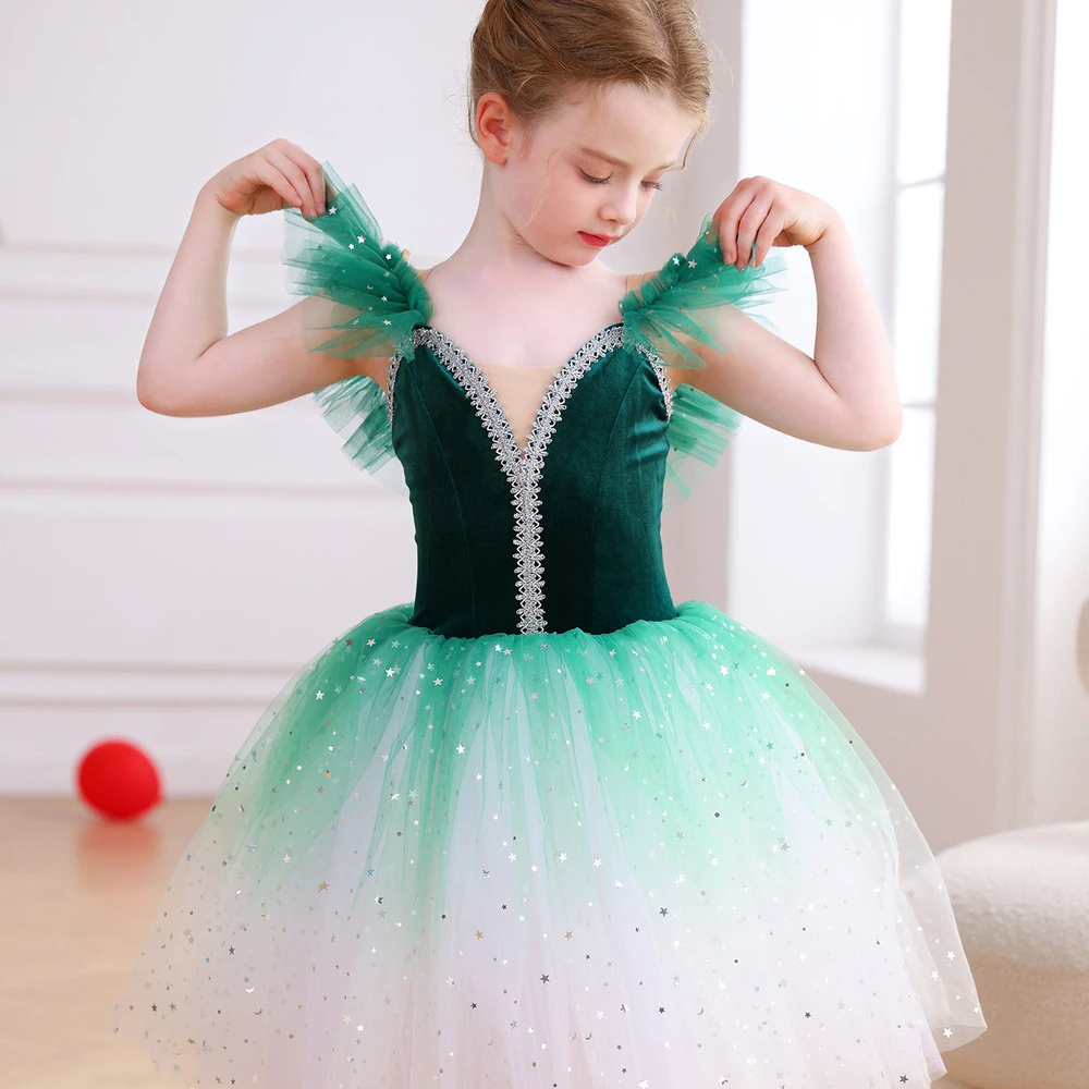 Costume da balletto per ragazze in velluto rosso brillante con ombre scintillanti, costume da spetta