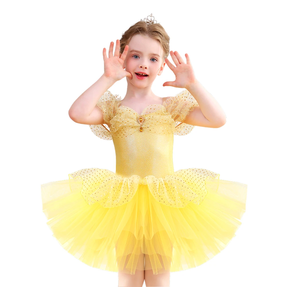 Vestito tut&ugrave; da balletto per ragazze con paillettes dorate e spalle scoperte Costume da principessa