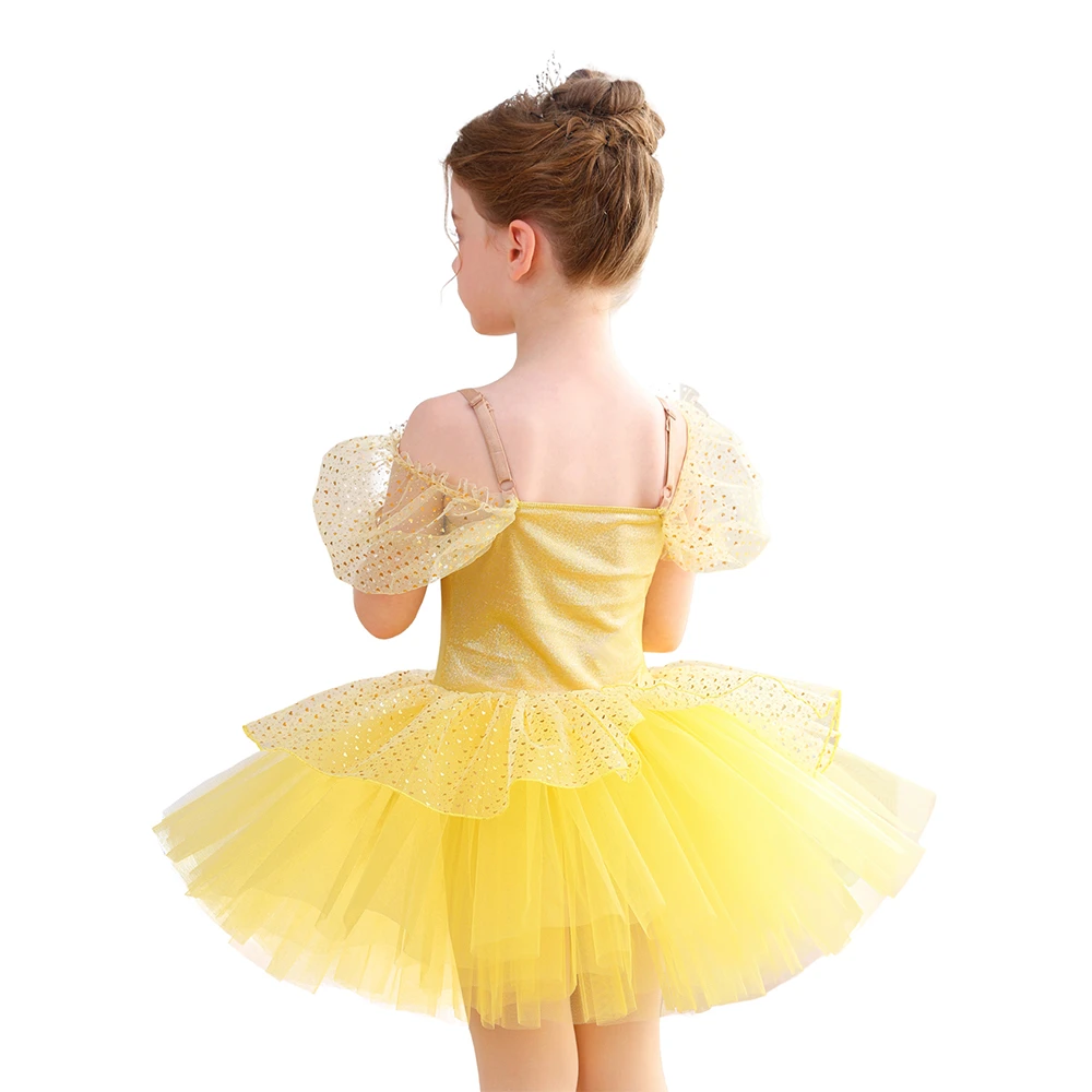 Vestito tut&ugrave; da balletto per ragazze con paillettes dorate e spalle scoperte Costume da principessa