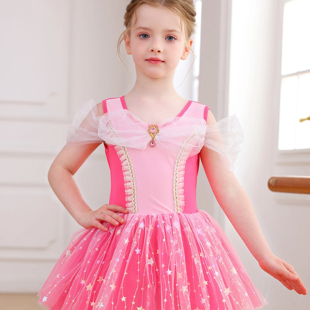 Vestito da tutu di balletto per ragazze con fiocco in paillettes con stella rosa caldo Costume da pr