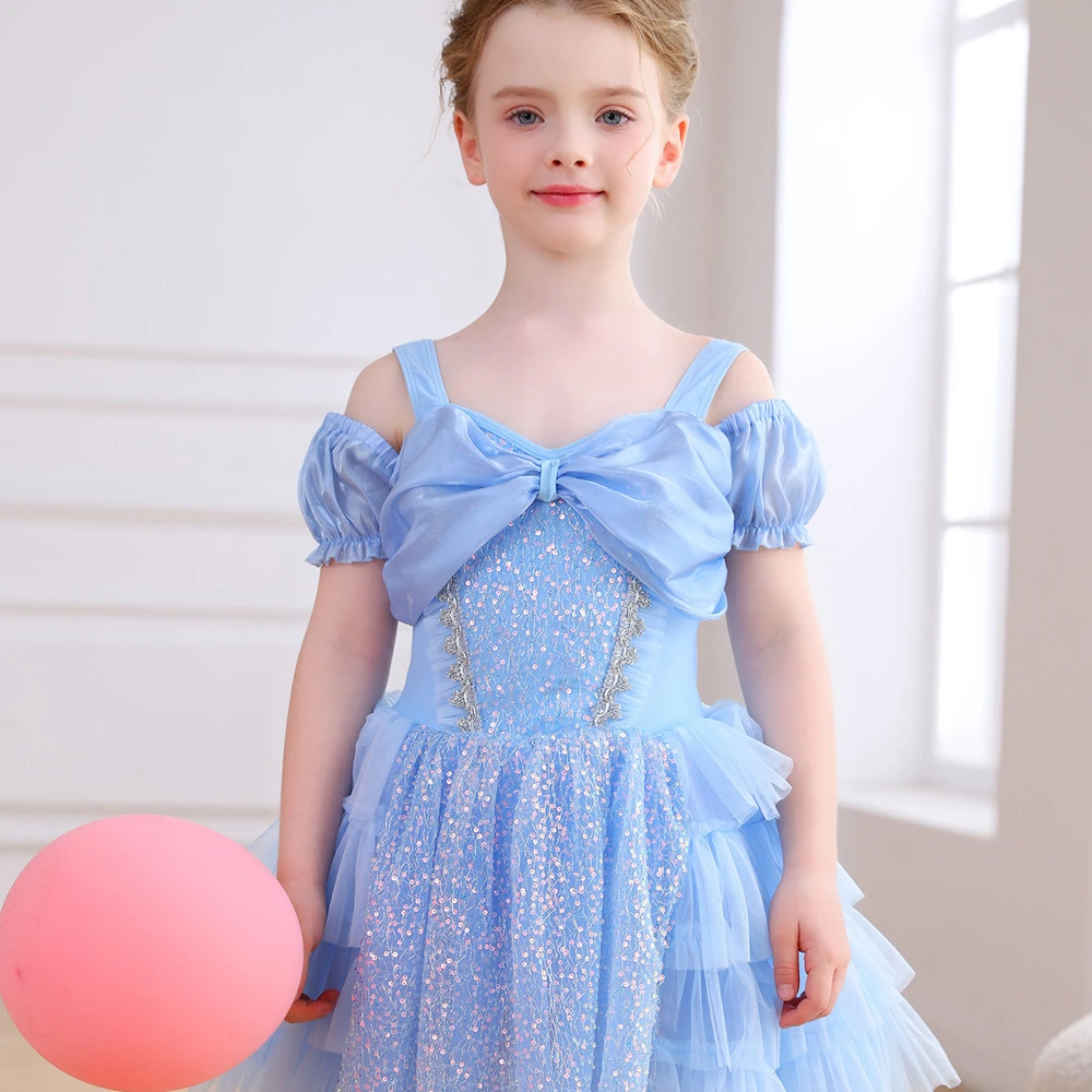 Costume da principessa per ragazze con fiocco in paillettes azzurro con spalle scoperte e tut&ugrave; di ba