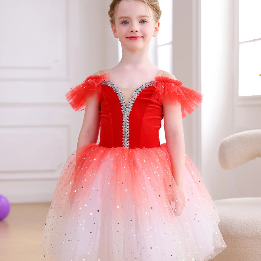 Costume da balletto per ragazze in velluto rosso brillante con ombre scintillanti, costume da spetta