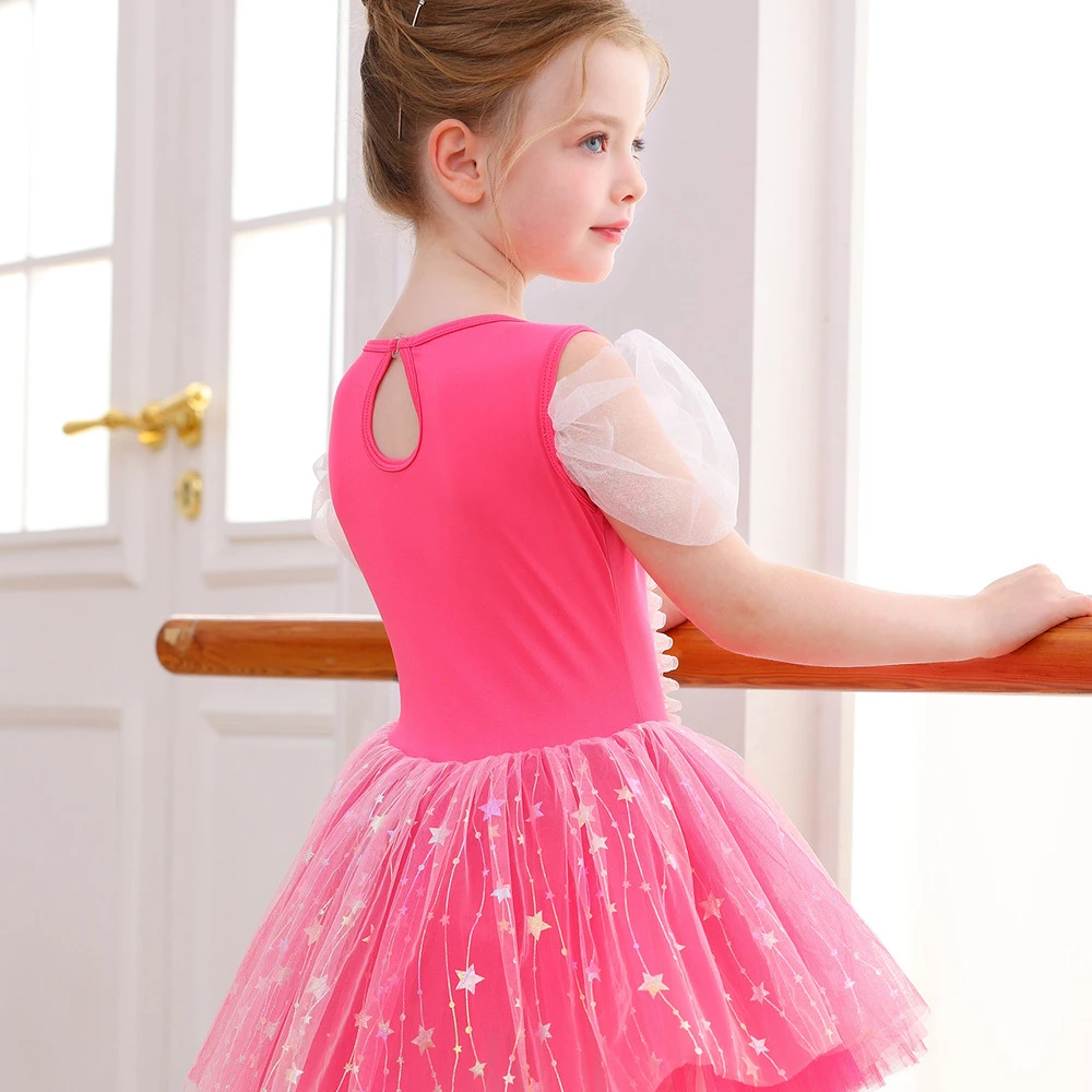 Vestito da tutu di balletto per ragazze con fiocco in paillettes con stella rosa caldo Costume da pr