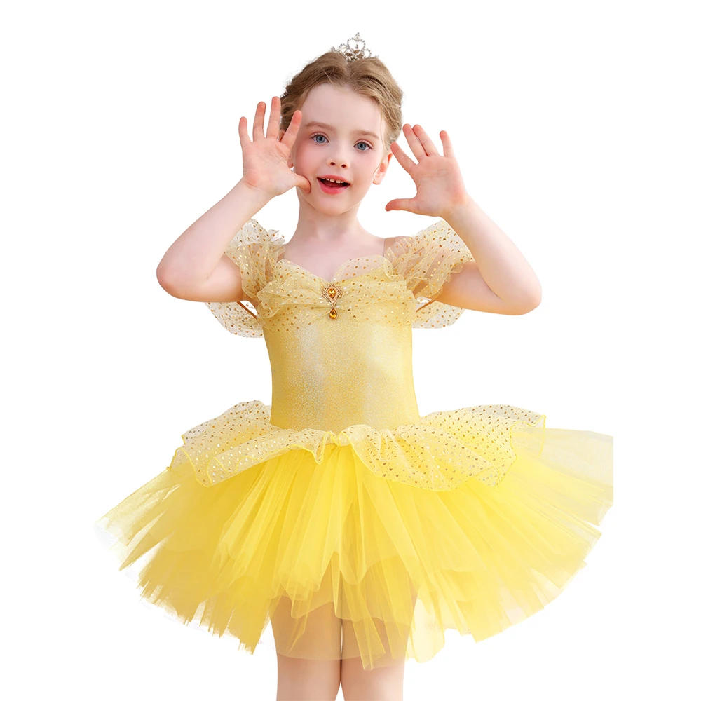 Vestito tut&ugrave; da balletto per ragazze con paillettes dorate e spalle scoperte Costume da principessa