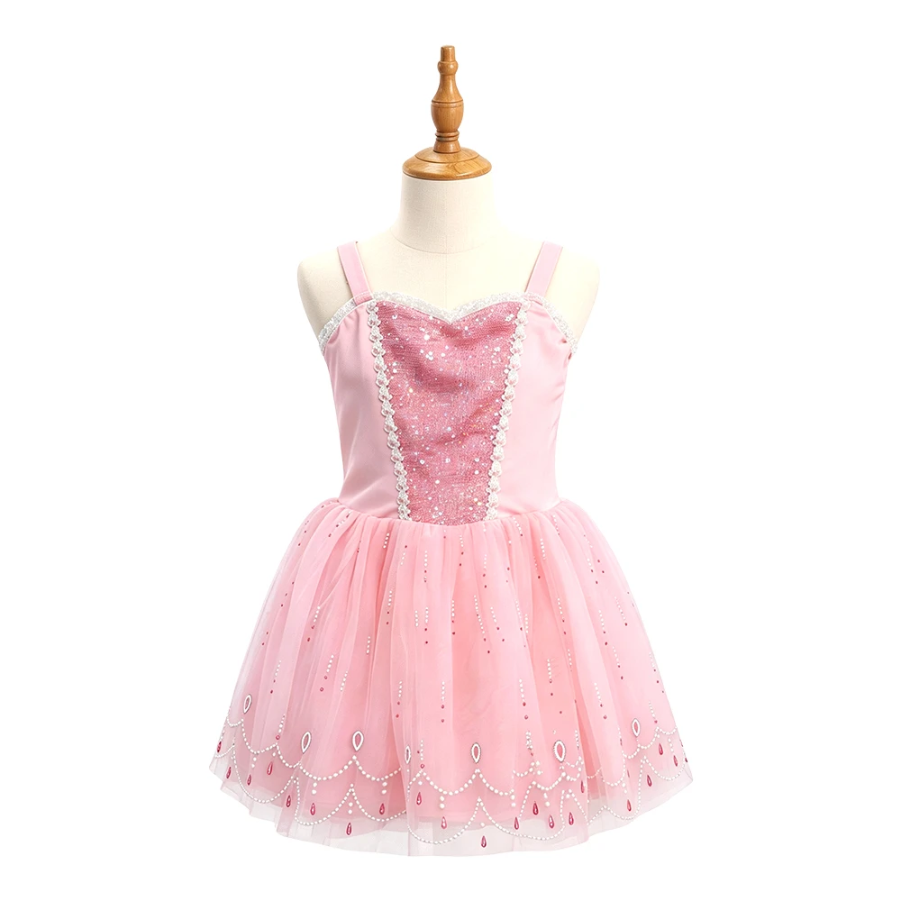 Abito da principessa rosa e blu per ragazze, tut&ugrave; con finiture in pizzo scintillante, costume senza