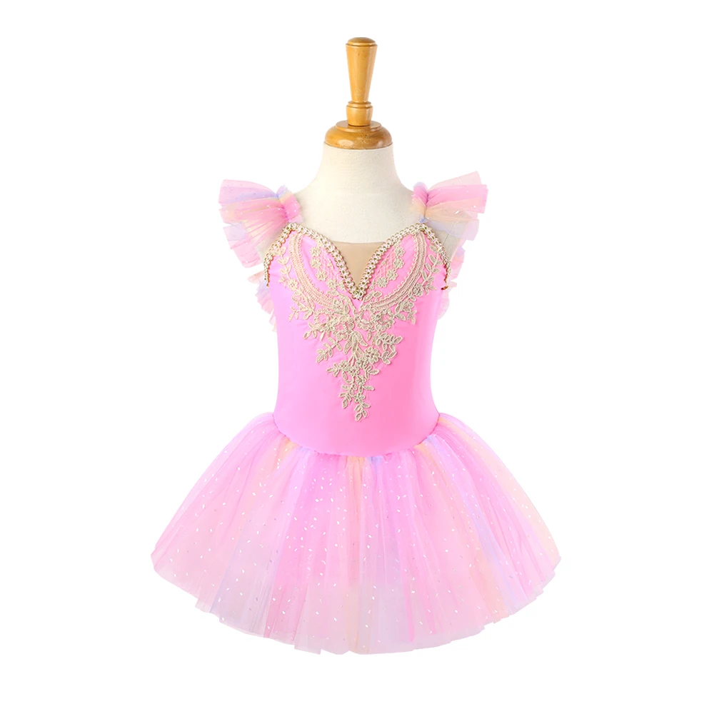 Vestito tut&ugrave; da principessa per body da danza classica in pizzo rosa per ragazze-ALP023