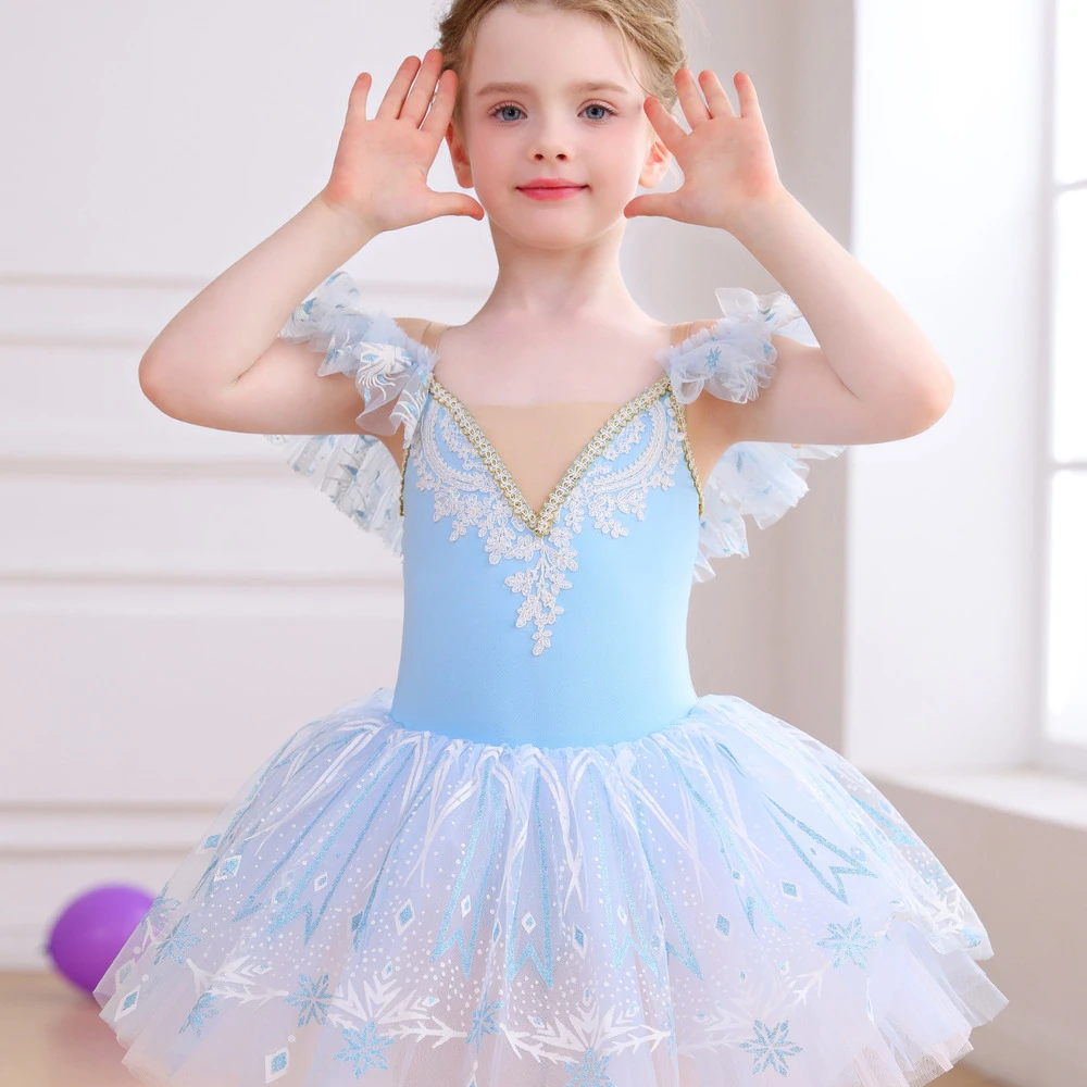 Abito tut&ugrave; da balletto in pizzo con fiocchi di neve per ragazze, costume da ballo con maniche a vola