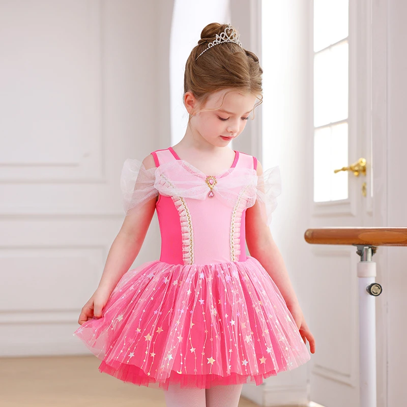 Vestito da tutu di balletto per ragazze con fiocco in paillettes con stella rosa caldo Costume da pr
