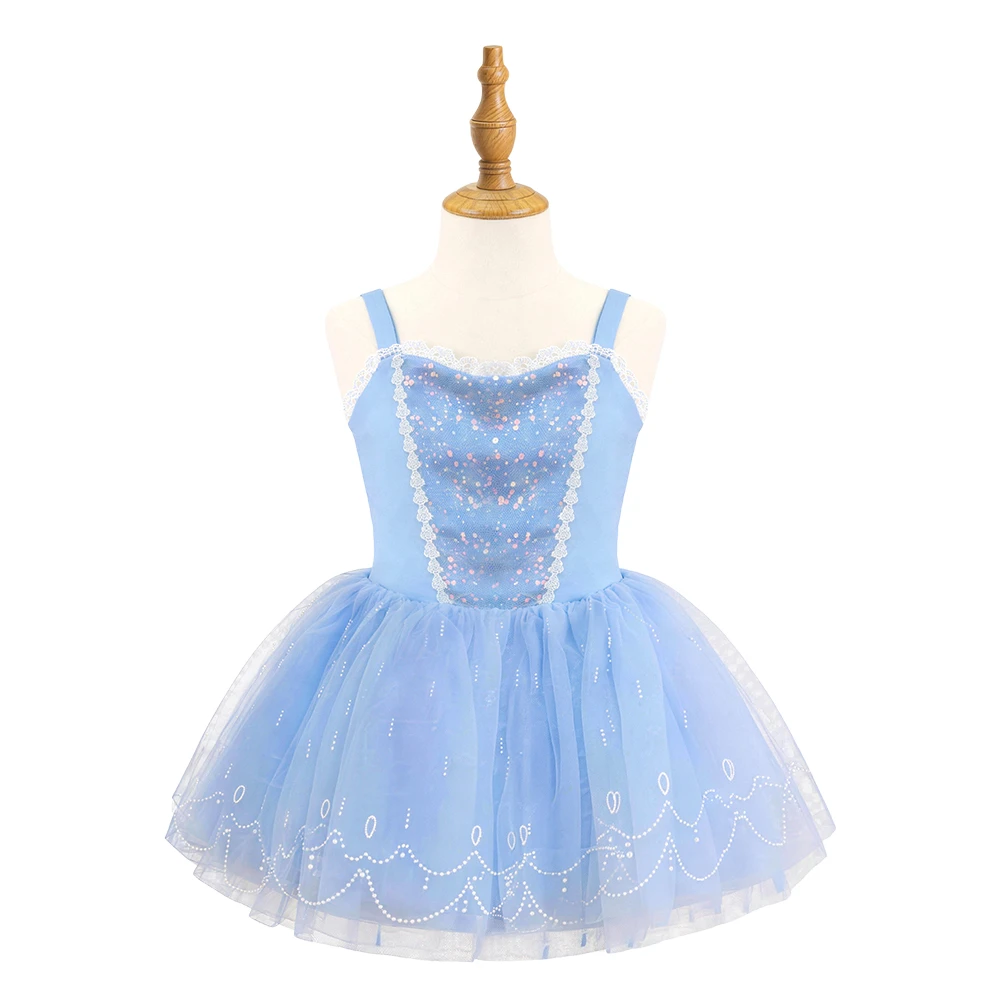 Abito da principessa rosa e blu per ragazze, tut&ugrave; con finiture in pizzo scintillante, costume senza